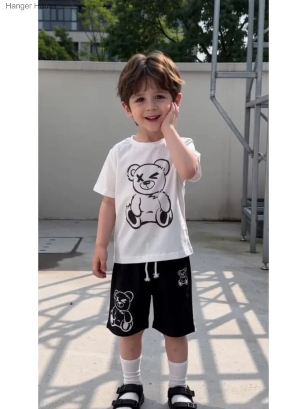 Toddler Boys Bear Print Tee with Plaid Shorts Set Cotton_6